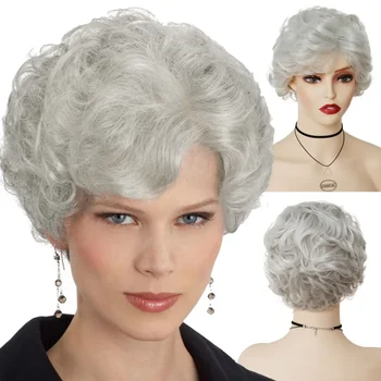 Кудрявый парик GNIMEGIL Синтетические короткие парики для женщин из натуральных волос Седой парик с челкой Косплей Костюм Пожилой Женщины Элегантный Дамский парик