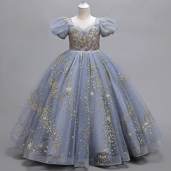 Свадебное платье с вышивкой пайетками для девочек от 4 до 14 лет, праздничное платье с цветочным узором для девочек, Летнее платье для девочек, показ мод с большим бантом