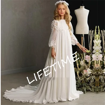 Элегантное Прозрачное платье с вырезом лодочкой и длинным рукавом для свадебной вечеринки, торжественного случая, Кружевное платье в цветочек для девочек