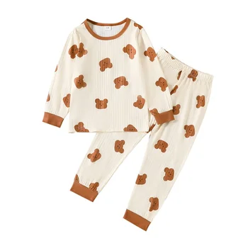 Комплект пижам с принтом Медведя для девочек и мальчиков, облегающая бамбуковая хлопковая пижама, топ с длинным рукавом, брюки, 2 шт., детская пижама для отдыха