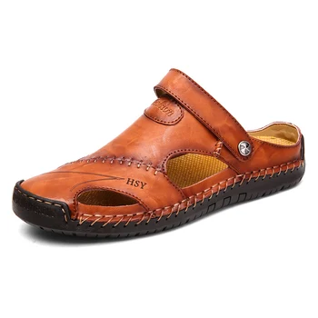 Мужские пляжные сандалии Летние дышащие Римские сандалии Кожаные тапочки для мужчин Вьетнамки Трендовые уличные кроссовки