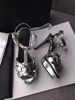 Женские Босоножки на высоком каблуке-шпильке, Модные Вечерние туфли из серебристой кожи с пряжкой на щиколотке 2022 года.