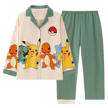 Пижама Pokemon Pikachu Charmander Squirtle, аниме Каваи, с длинным рукавом, с отворотом для мальчика из милого мультфильма, домашняя одежда, подарок на День рождения для мальчика