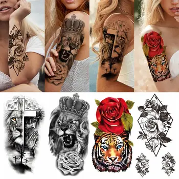 Племенной Лев, Воин, Тигр, Волк, Долговечные Временные татуировки, Черная татуировка, наклейка, рукав для татуировки, Поддельные татуировки, наклейки