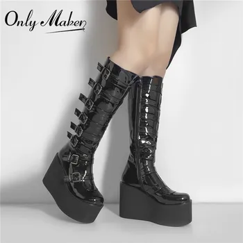 Onlymaker, женские сапоги до колена на платформе, с круглым носком, из черной лакированной кожи на танкетке и каблуке, с боковой молнией до колена, панк-сапоги большого размера