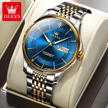 Модные синие Автоматические механические часы бренда OLEVS, мужские роскошные водонепроницаемые спортивные наручные часы Relogio Masculino из нержавеющей стали