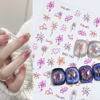 Красочные Цветущие Фейерверки Наклейки для Ногтей С Тиснением 3D Сверкающий Блеск Слайдер Новогодние Наклейки Для Ногтей Украшения Маникюра