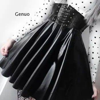 Женские юбки с повязкой в готическом стиле харадзюку из искусственной кожи, корейская мода, черные мини-плиссированные юбки, летняя вечеринка