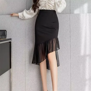 Нерегулярная шифоновая юбка миди в стиле пэчворк, эластичная черная юбка-футляр с высокой талией, офисные дамы
