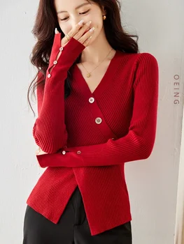 Тонкий красный вязаный свитер с V-образным вырезом и длинным рукавом, Женский Осенне-зимний Элегантный пуловер, топы Knitwaer Lady A2625