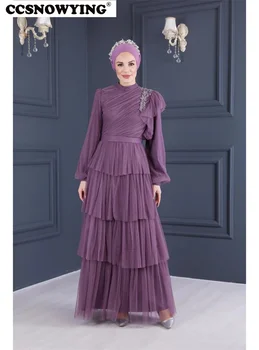 Шифоновые многоуровневые аппликации Мусульманские вечерние платья Хигаб Исламские вечерние платья с длинным рукавом Женские Арабские халаты для вечеринок