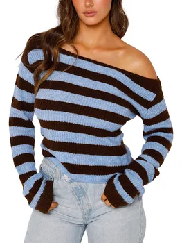 Женский вязаный свитер в цветную клетку, свитер в полоску с круглым вырезом и длинным рукавом, осенне-зимний теплый свитер
