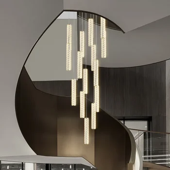 Лестница длинная люстра современная минималистская вилла светлая роскошная гостиная лофт известное в Интернете вращающееся двухуровневое здание