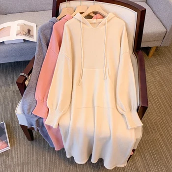 Элегантное вязаное платье с капюшоном для женщин 2023, повседневное женское платье большого размера 4XL, осень-зима, теплая серая Розовая абрикосовая свободная одежда для вечеринок