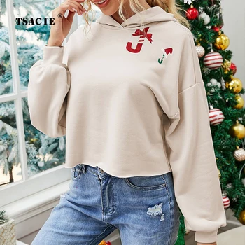 Рождественский свитер с капюшоном, женский осенне-зимний новый модный пуловер с принтом, спортивный укороченный топ, уличная одежда, толстовка, одежда
