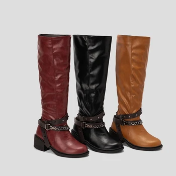 BLXQPYT/ Botas De Mujer; Коллекция 2022 года; Модные Осенне-зимние Сапоги до колена на высоком каблуке с перекрестной шнуровкой и круглым носком; Женская обувь на платформе C-9725