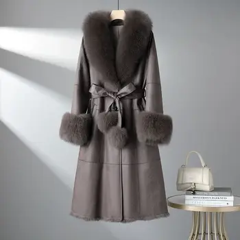 2023 Новое цельное пальто из кроличьего меха для женщин средней длины с воротником из лисьего меха на шнуровке, приталенное пальто из искусственного меха для женщин