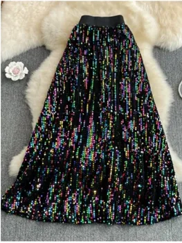 Блестящая разноцветная юбка Макси с пайетками, женская осень 2023, Новые модные Корейские шикарные длинные юбки с высокой талией, вечерние платья трапециевидной формы.
