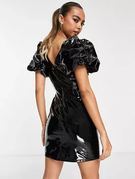 Летнее женское платье из искусственного латекса с пышными рукавами, облегающее сексуальное мини-платье из блестящей лакированной кожи с V-образным вырезом, клубная одежда из ПВХ, новая на заказ
